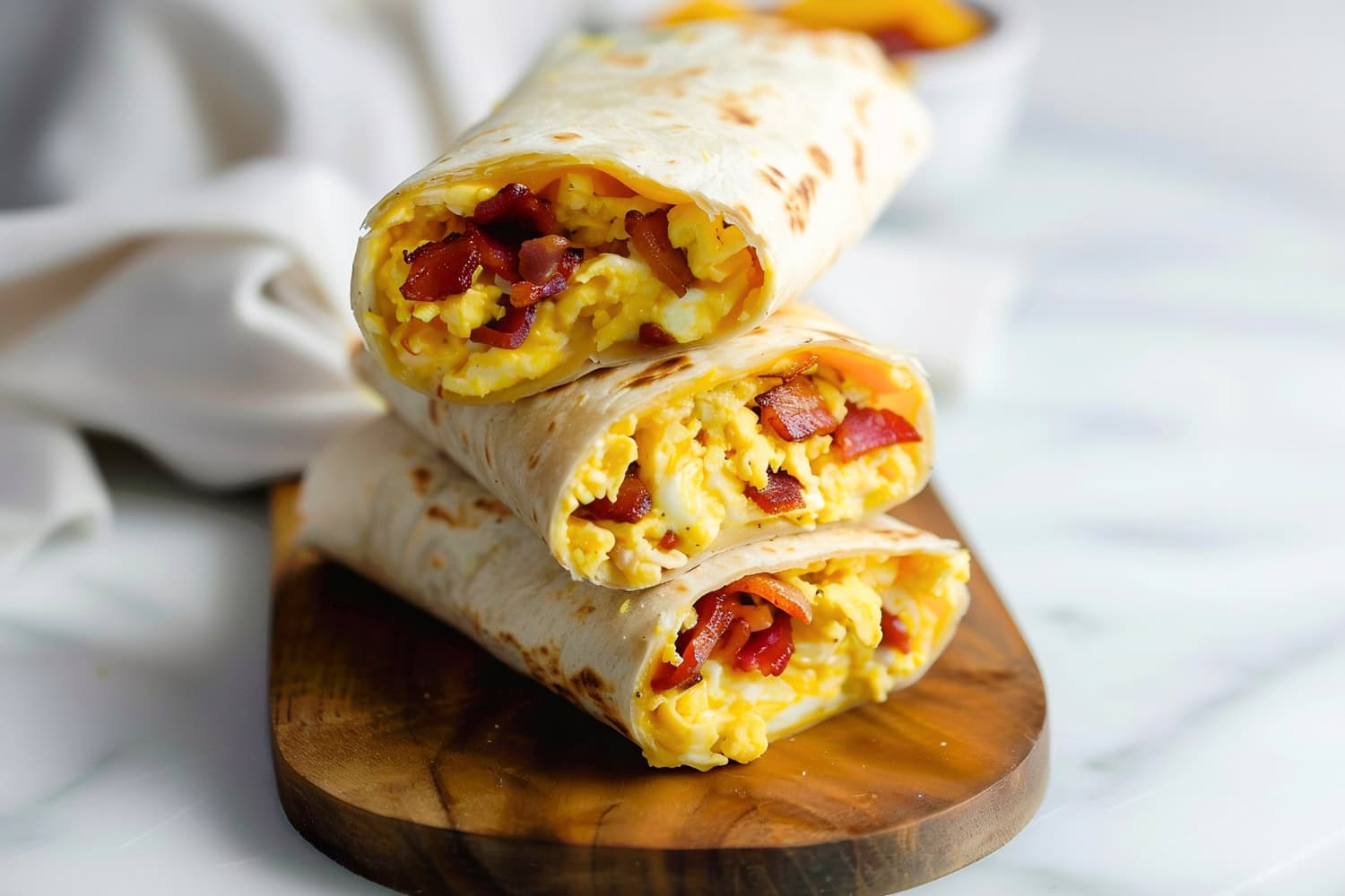 A warm bacon and egg breakfast wrap with cheese ready to eat.