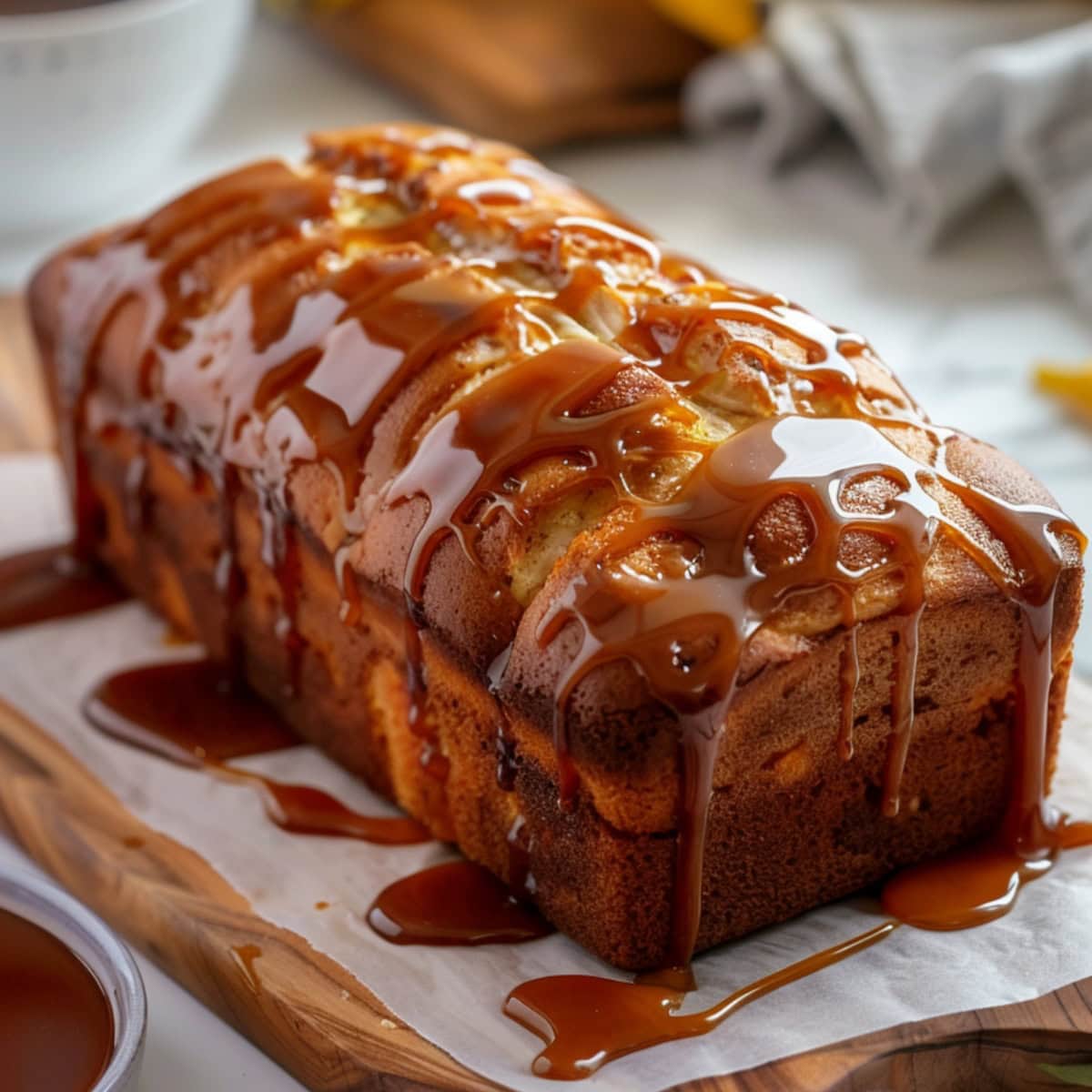 Whole banana loaf bread drizzled with salted caramel.