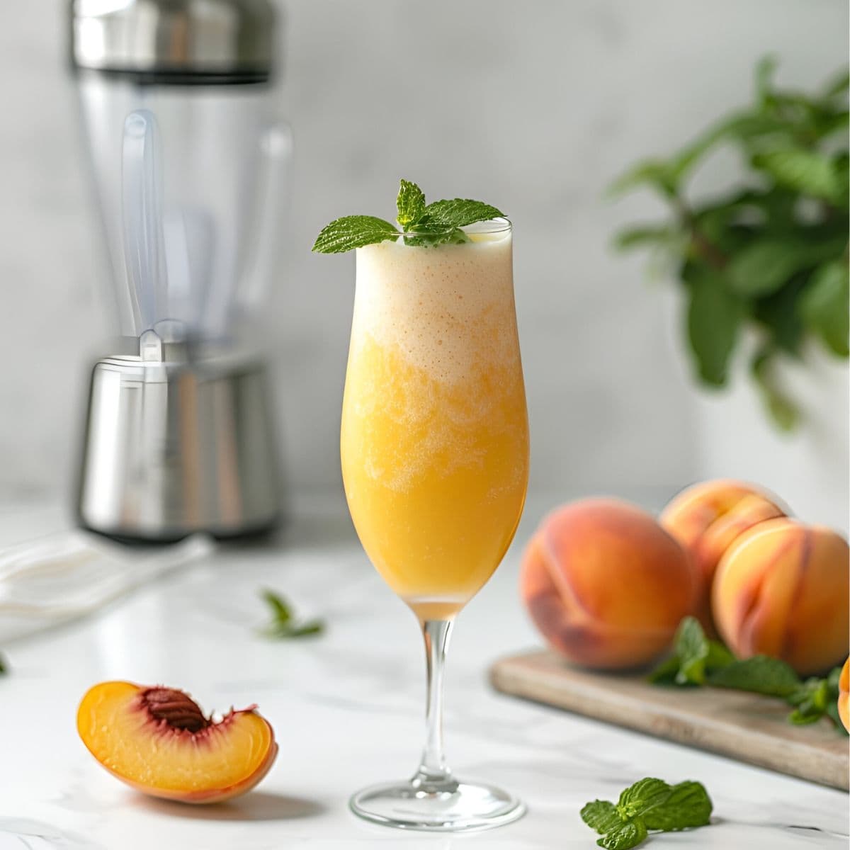Peach Bellini with Mint in a Champagne Flute on a White Marble Table with Fresh Peaches and Mint on a Cutting Board and a Blender in the Background