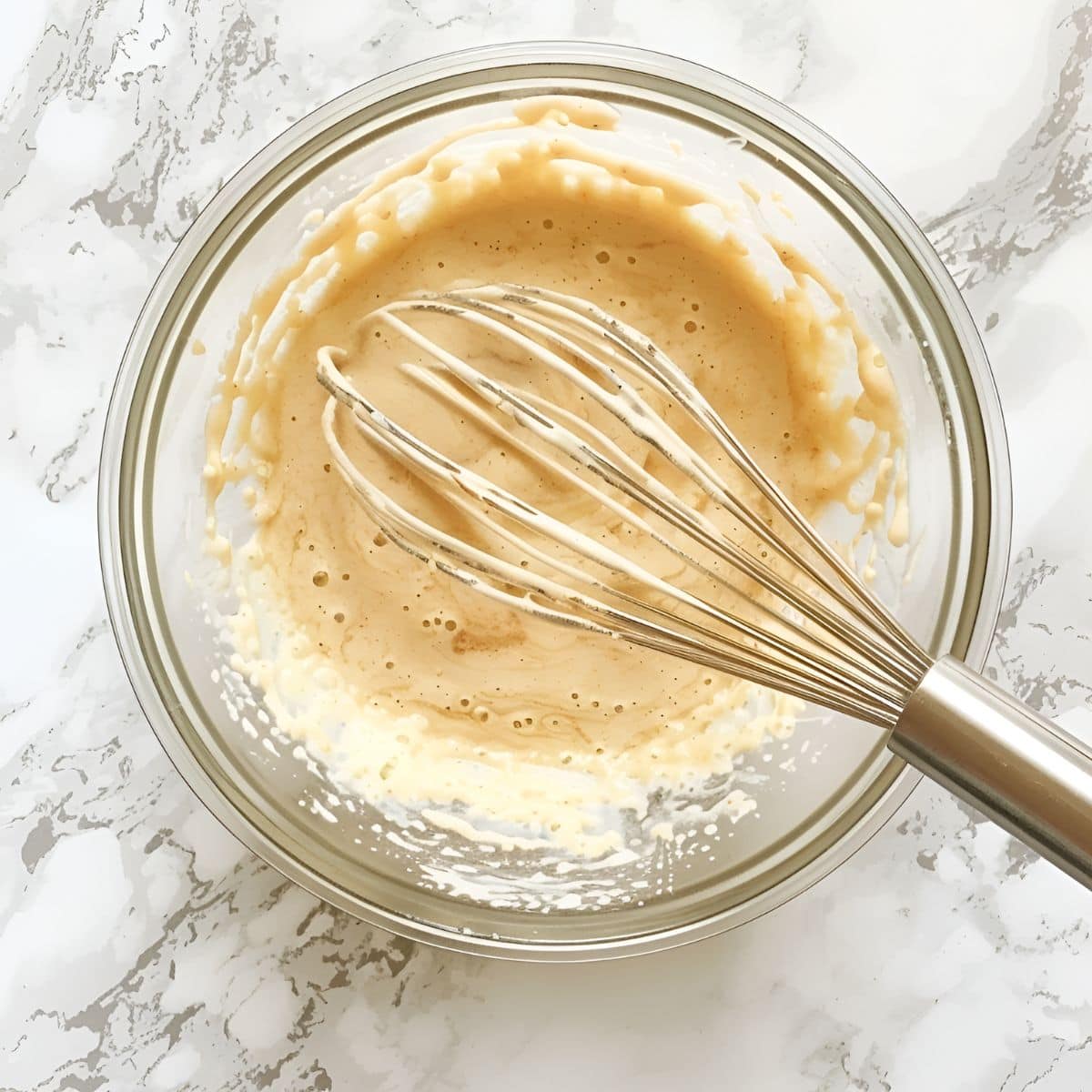 Batter for Bisquick Waffles in a Glass Bowl, Top View