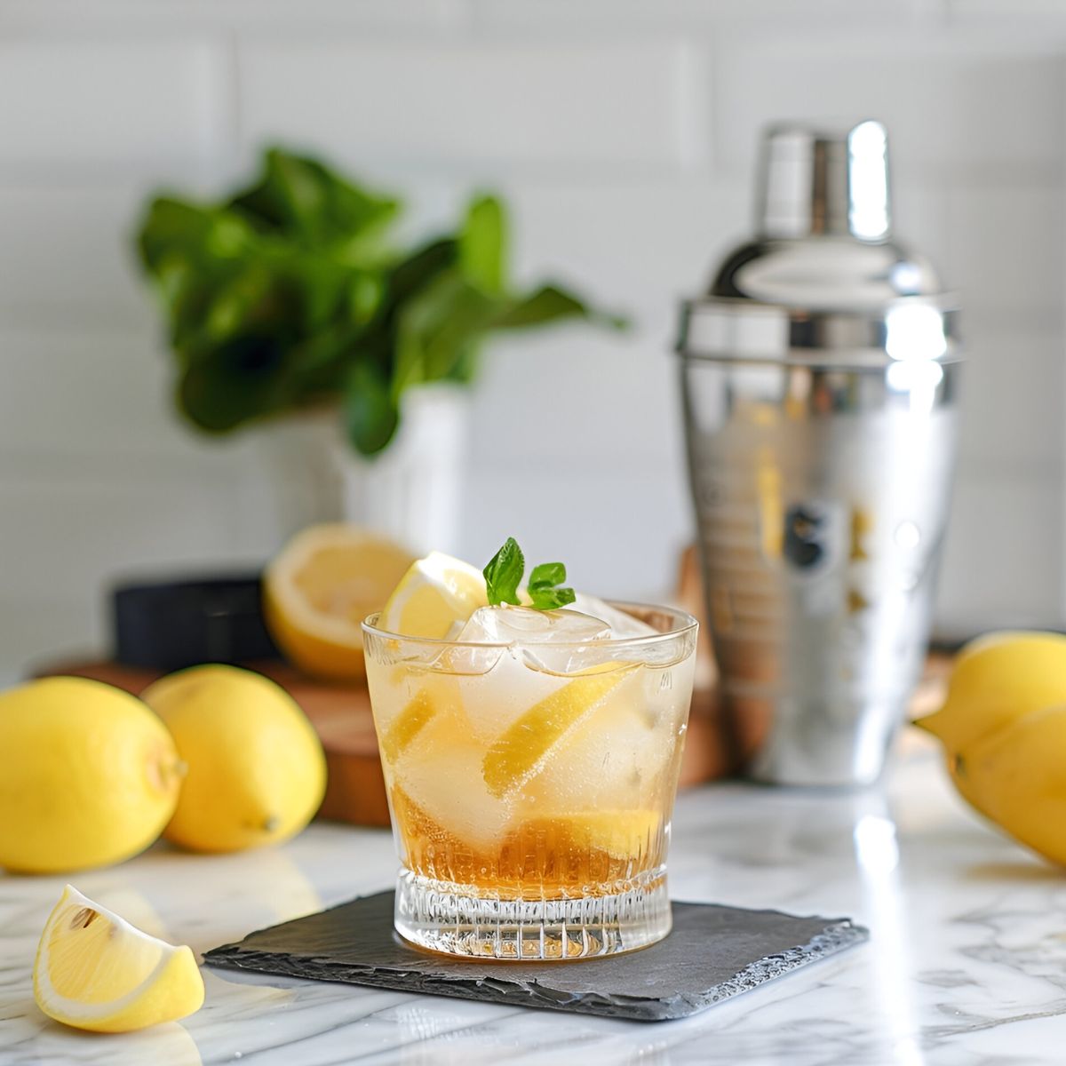 Bourbon Smash in Rocks Glass with Ice, Lemon Slices, and Mint on a Slate Coaster on a White Marble Table with Lemons and a Cocktail Shaker in the Background