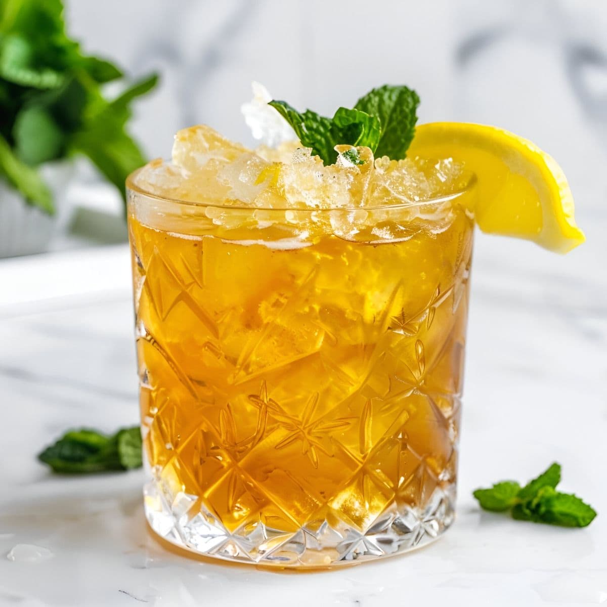 Close Up of Bourbon Smash in a Rocks Glass with Lots of Crushed Ice, a Lemon Wedge, and a Sprig of Mint on a White Marble Table 