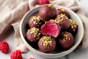 A chocolate raspberry truffle cut in half, revealing its texture