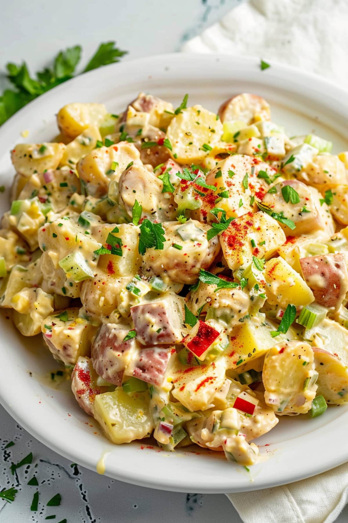 Cajun potato salad served in a white plate garnished with chopped parsley.