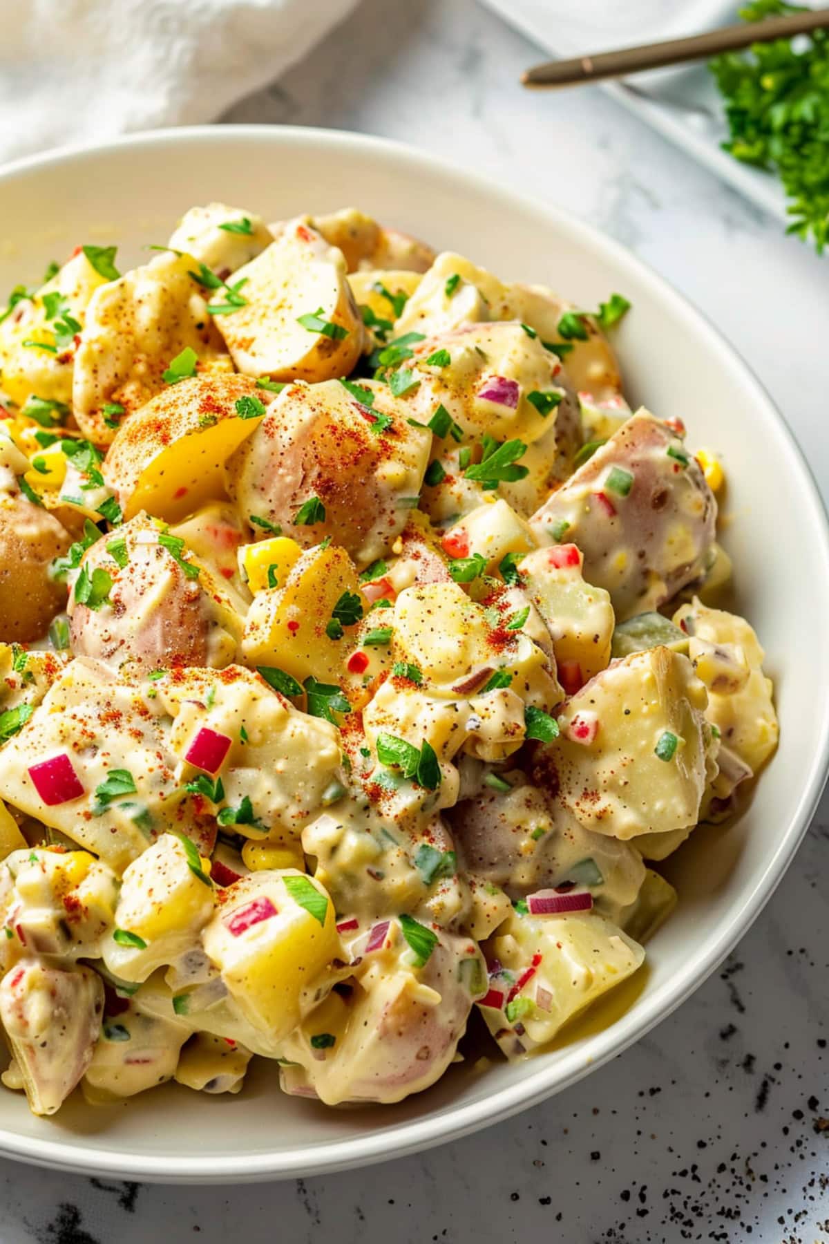 Creamy cajun potato salad in a white bowl.