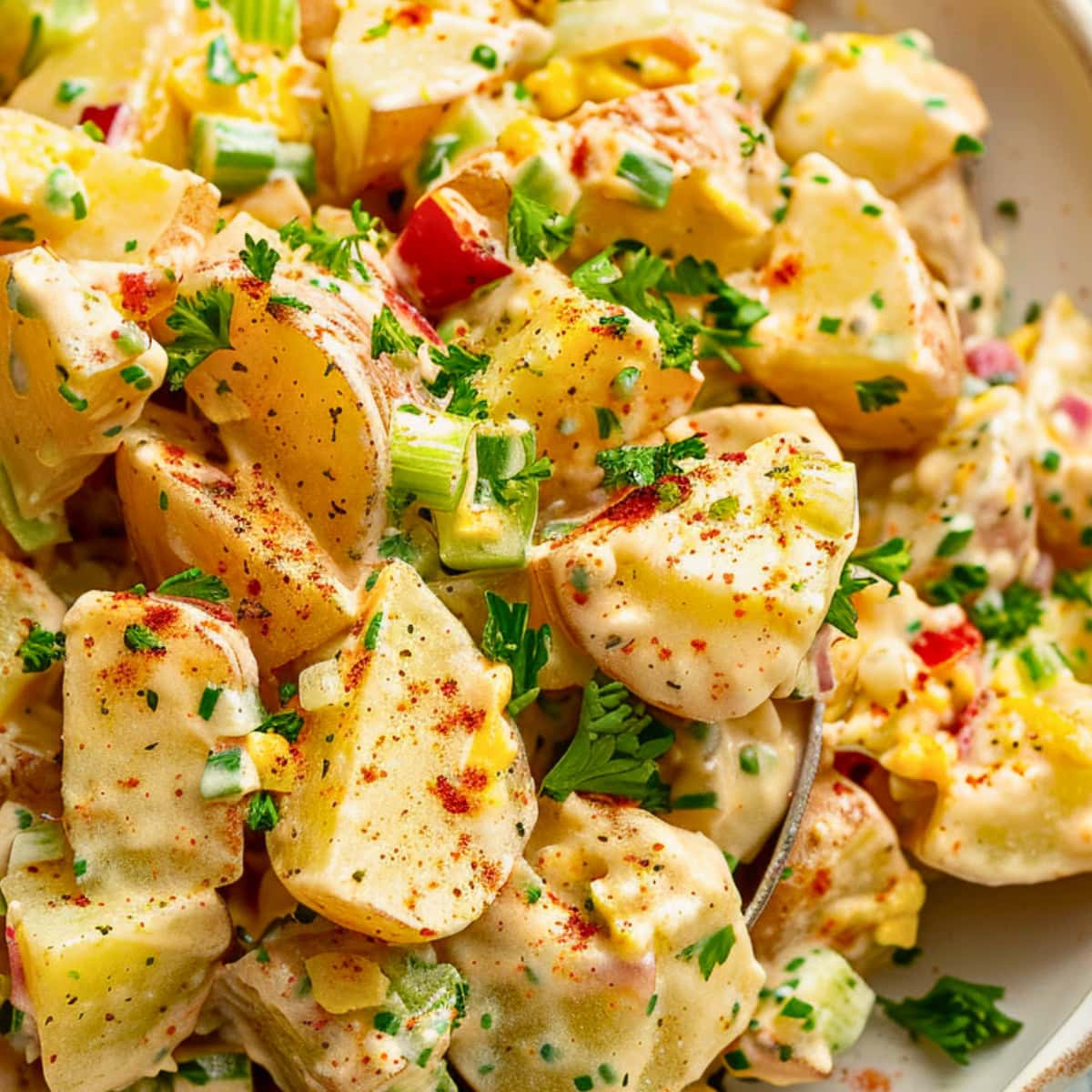 Closeup of potato salad with creamy dressing, chopped scallions, celery and pickles served in a white plate.