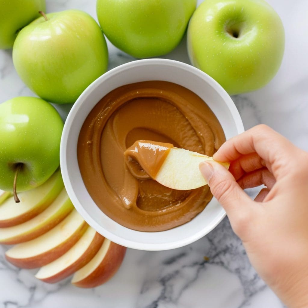 Warm caramel dip in a bowl served with a slice of apple