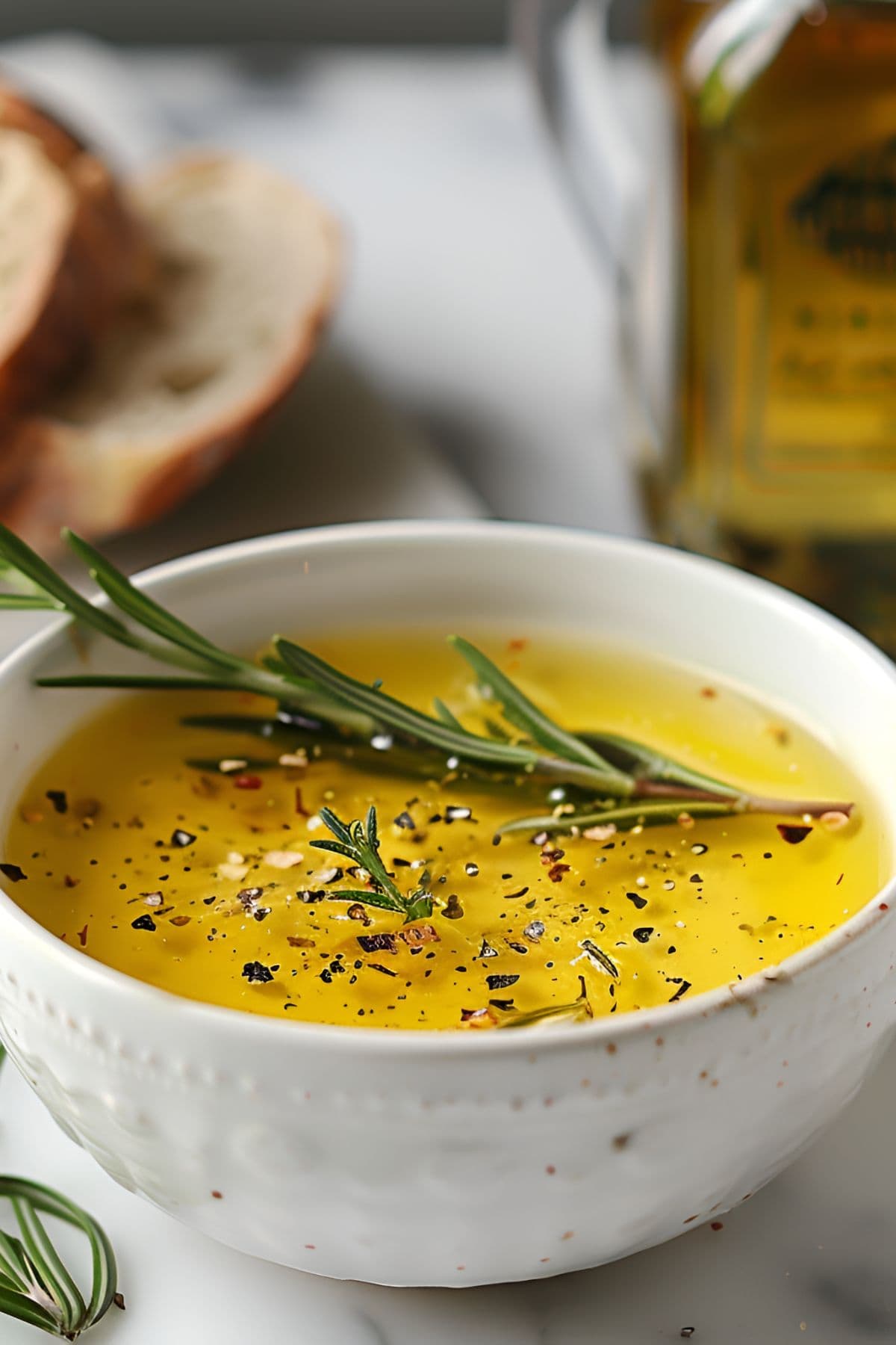 Close Up Carrabba's Bread Dip with Olive Oil, Red Pepper Flakes, Black Pepper, and Rosemary with Bread in the Background