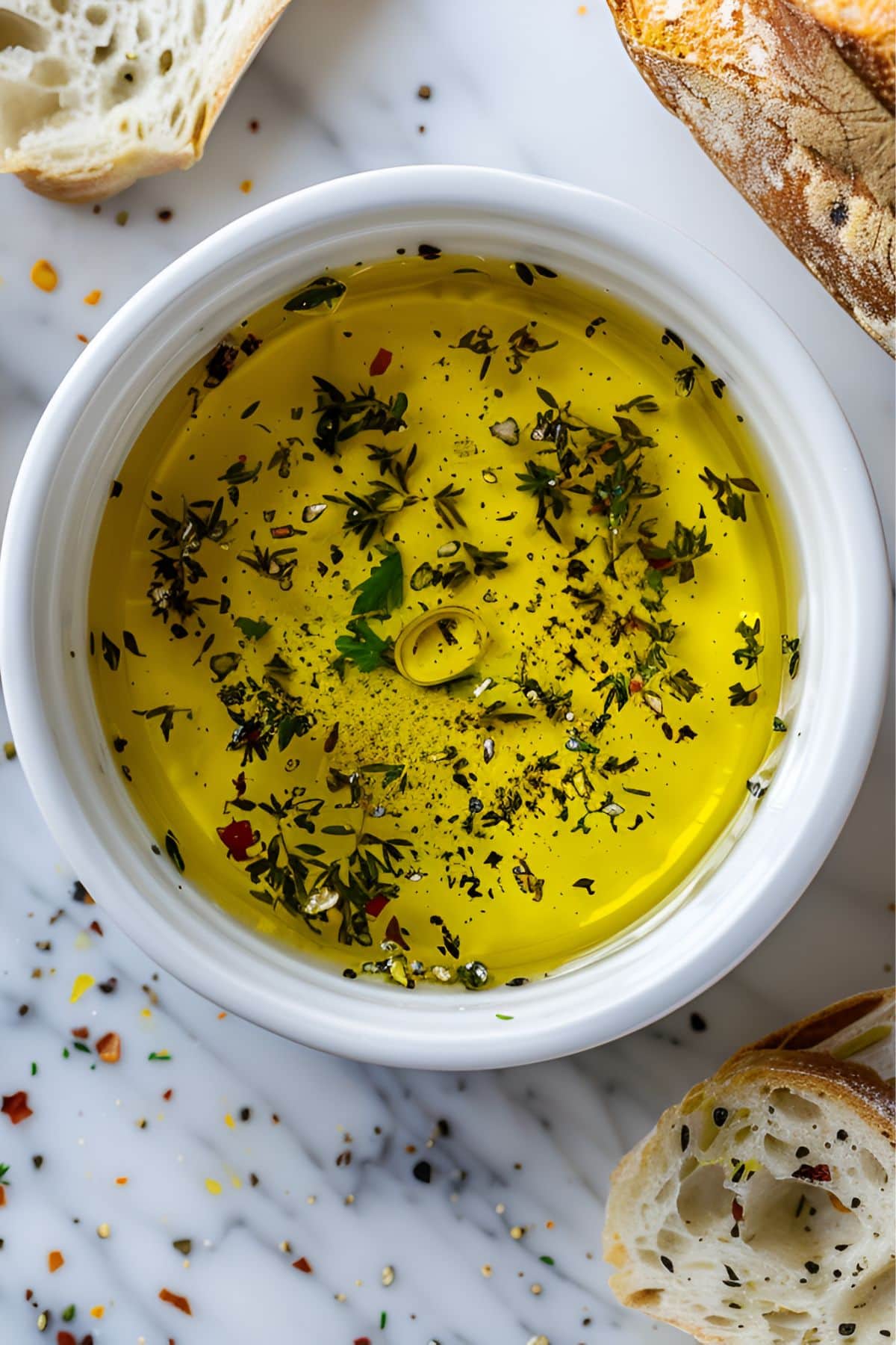 Close Top View of Carrabba's Bread Dip with Olive Oil, Rosemary, Herbs, Pepper, and Other Spices with Crusty Bread