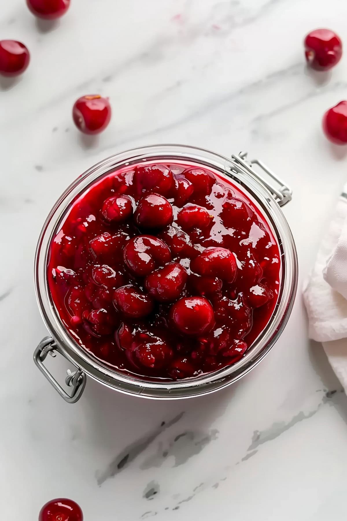 Overhead view of cherry pie dough bars in a glass can