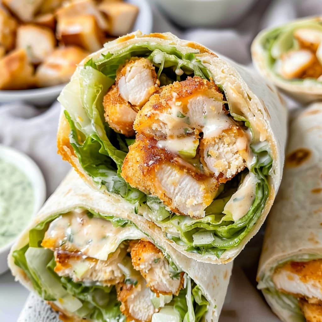 A classic chicken Caesar wrap featuring crunchy romaine lettuce, croutons and dressing rolled up in a tortilla.