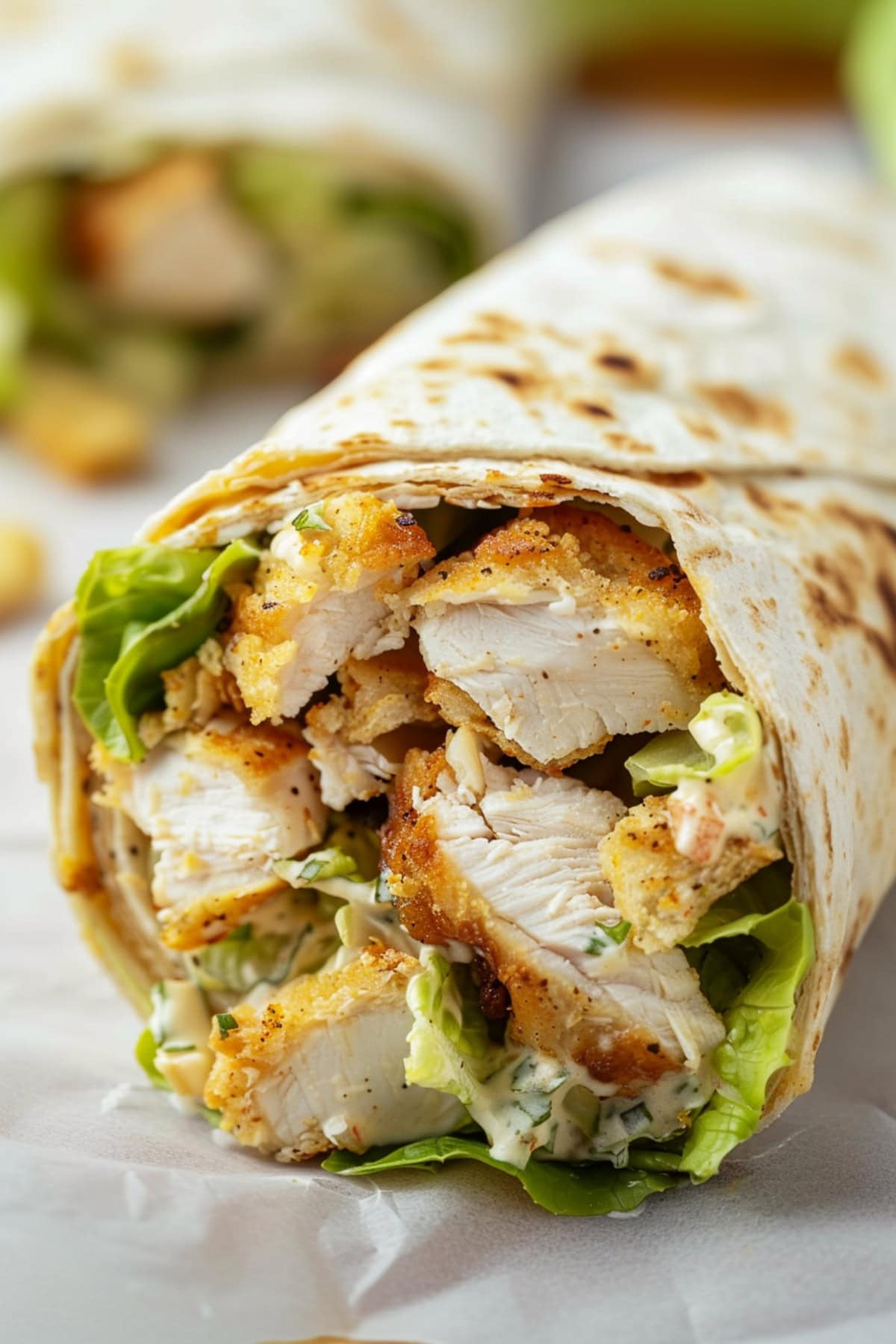 A flavorful tortilla wrap packed with grilled chicken strips, crunchy lettuce and Caesar dressing. 