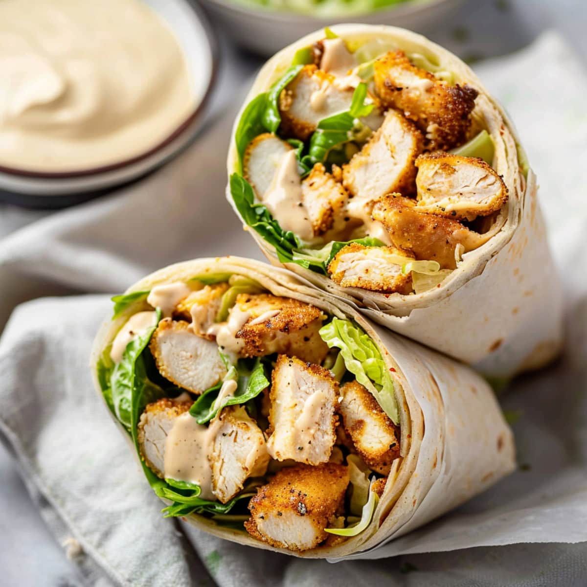 An appetizing Caesar wrap cut sliced, showing layers of chicken, lettuce, and dressing inside a flour tortilla.