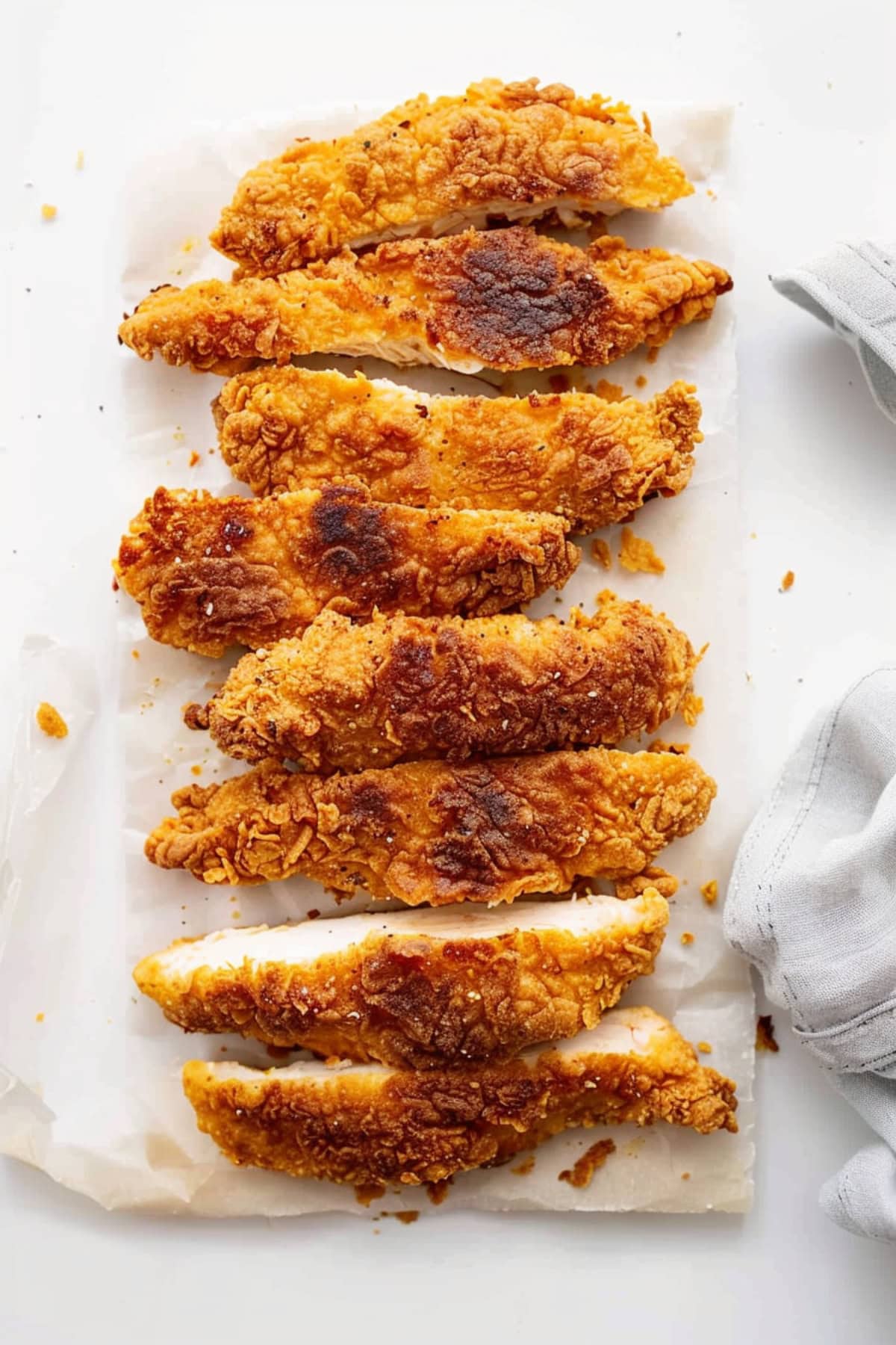 Overhead view of chicken strips on a parchment paper.