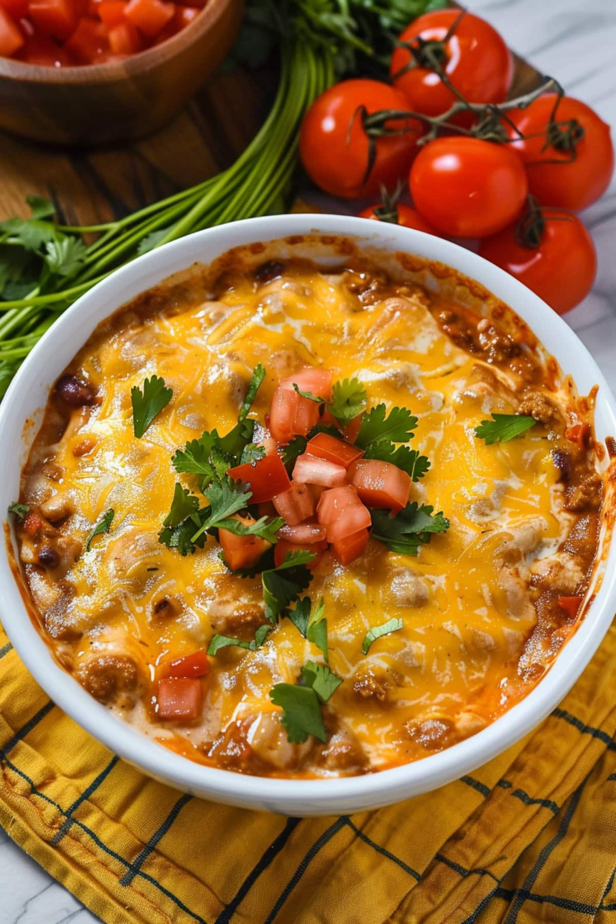 Bowl of cheesy dip with chili garnished with chopped tomatoes served on a white bowl.