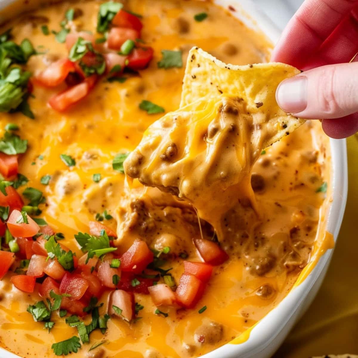 Tortillas dip to a cheesy chili dip on a bowl.