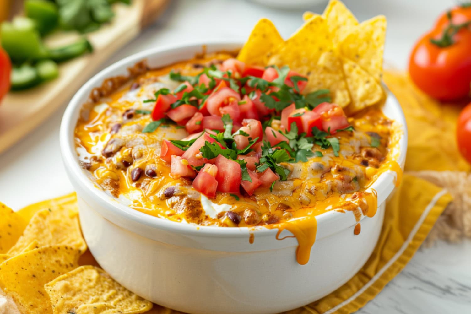 Bowl of chili cheese dip with tortillas and chopped tomatoes.