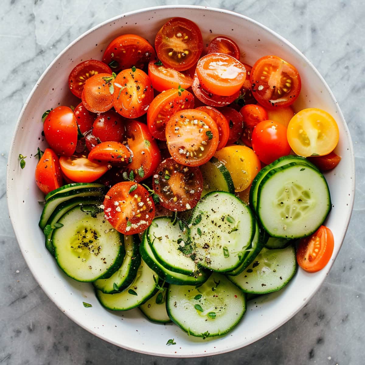 A bowl of sliced cucumbers and tomatoes in a marble countertop.