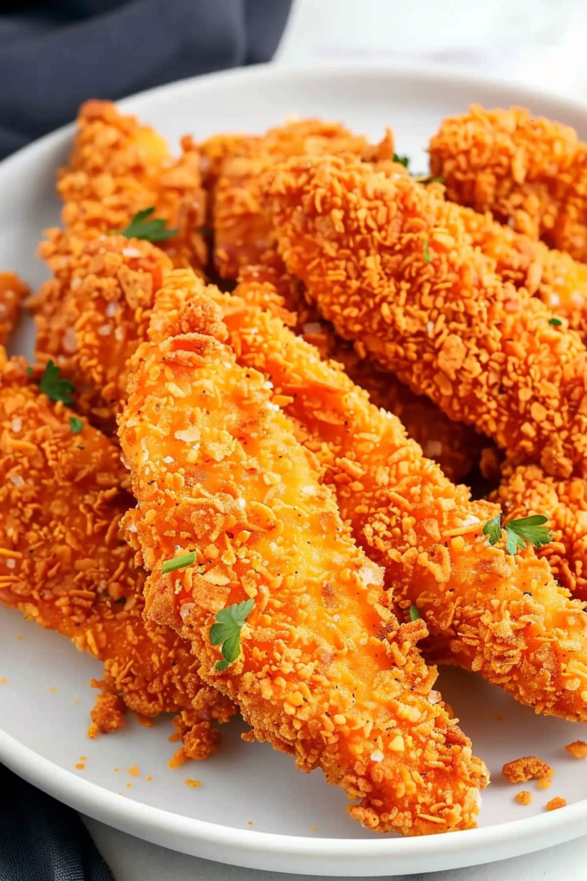 Bunch of Dorito chicken tenders in plate.