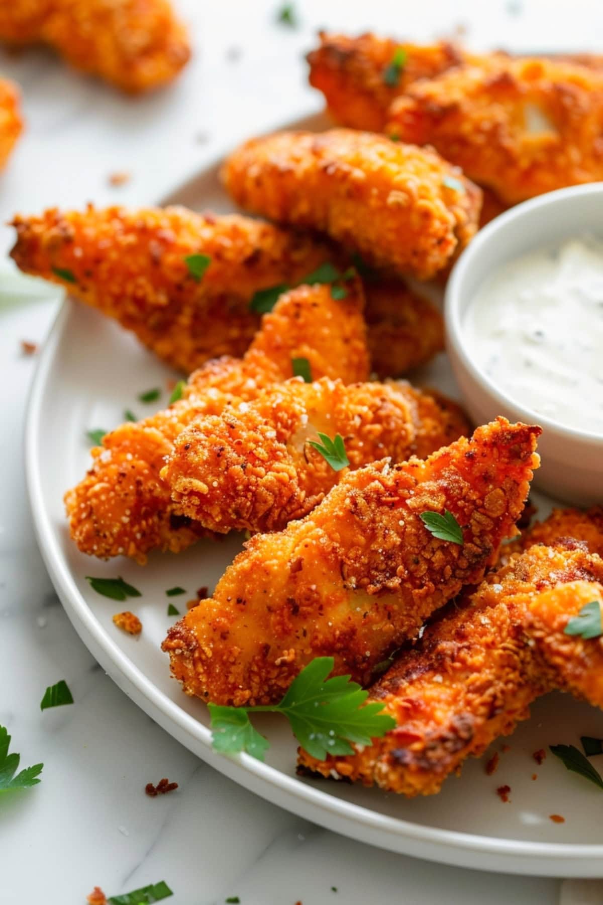 Dorito chicken tenders in a white plate with ranch dressing.