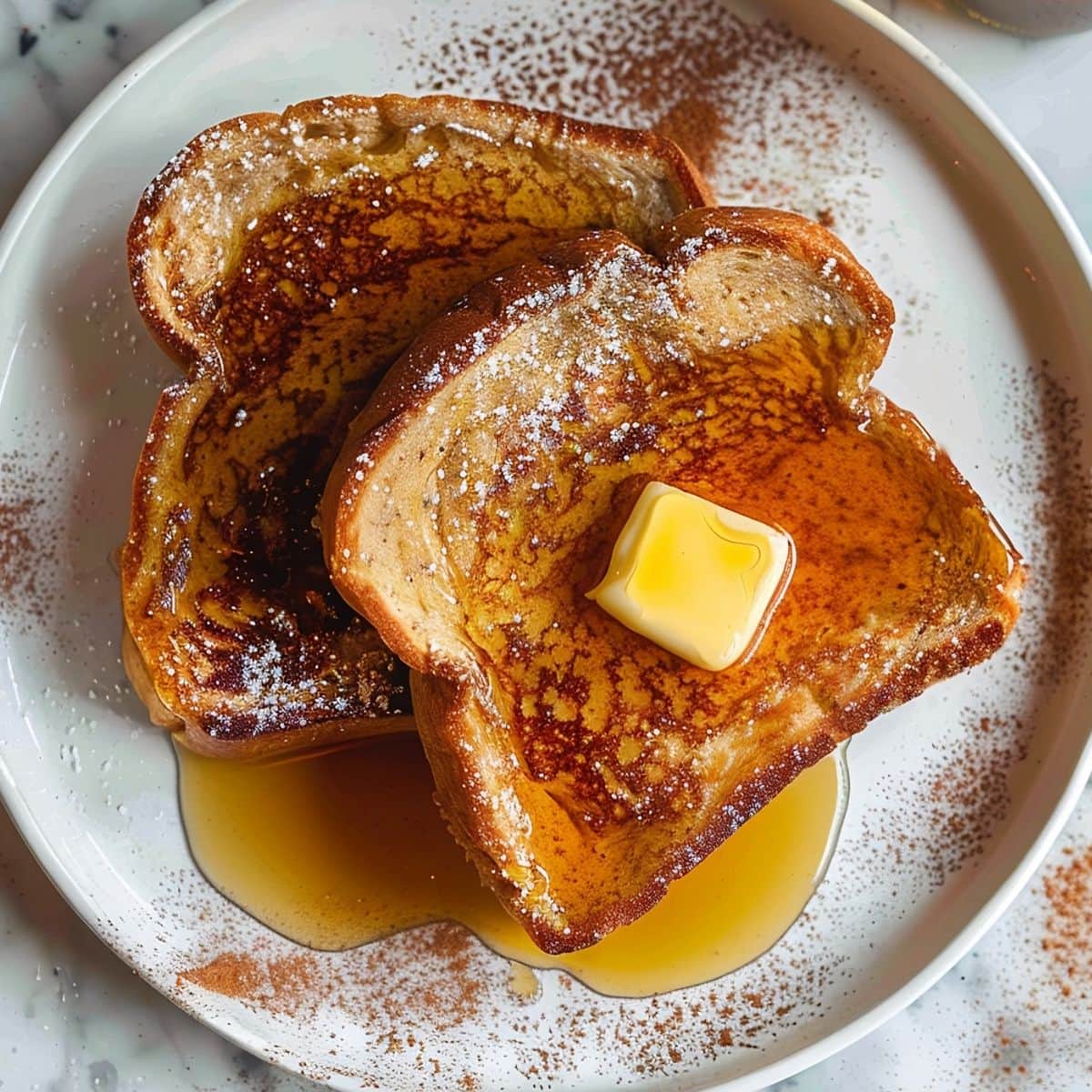 Top View of Two Slices of Eggnog French Toast with Butter, Cinnamon, Powdered Sugar, and Maple Syrup on a Plate