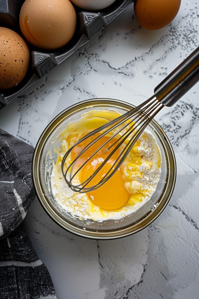 A glass bowl of mixed Bisquick baking mix and eggs