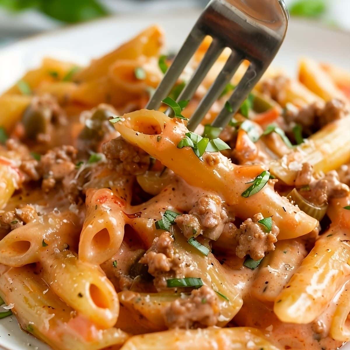 Fork picking serving of Rotel pasta from plate.