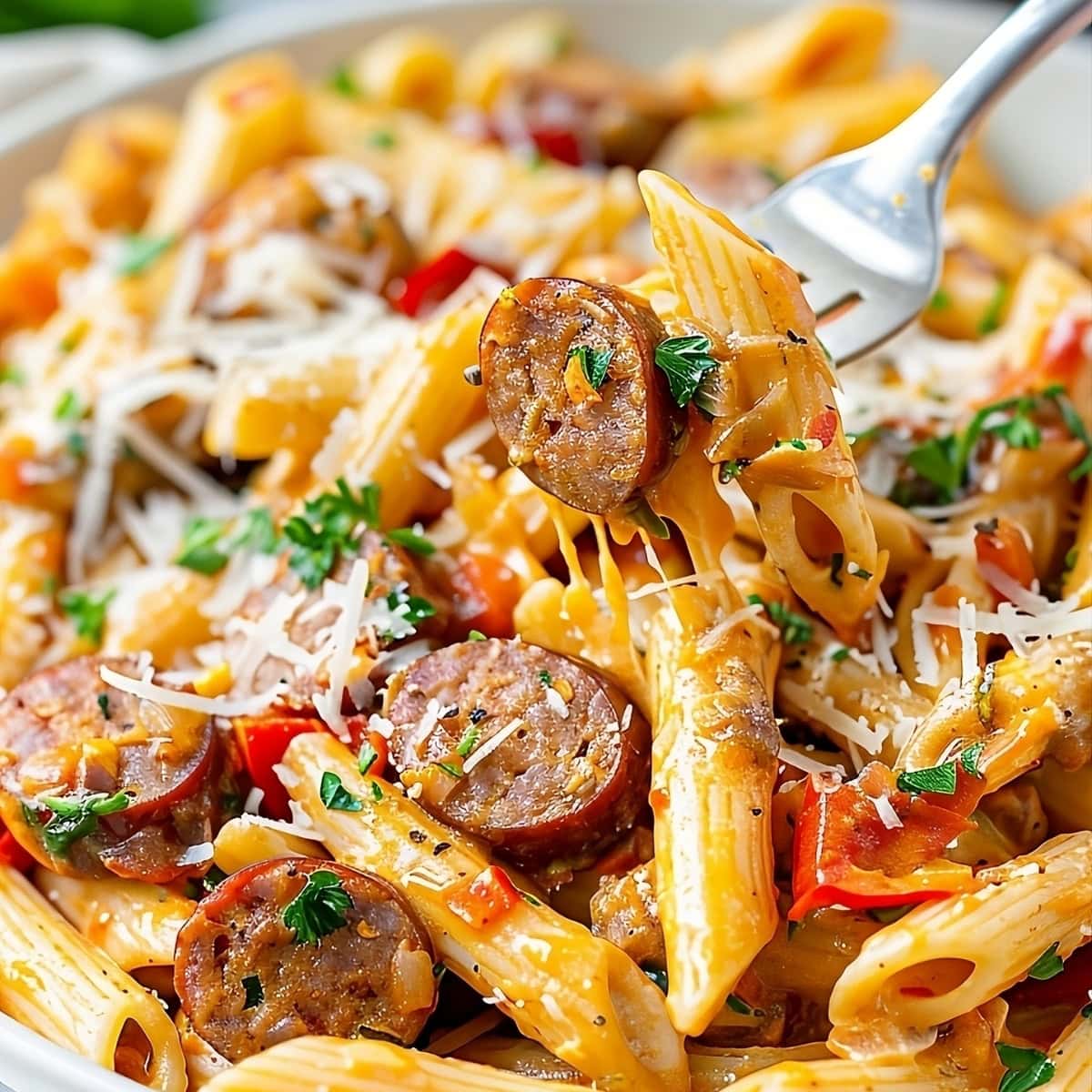 Fork lifting a serving of cajun sausage pasta from plate.