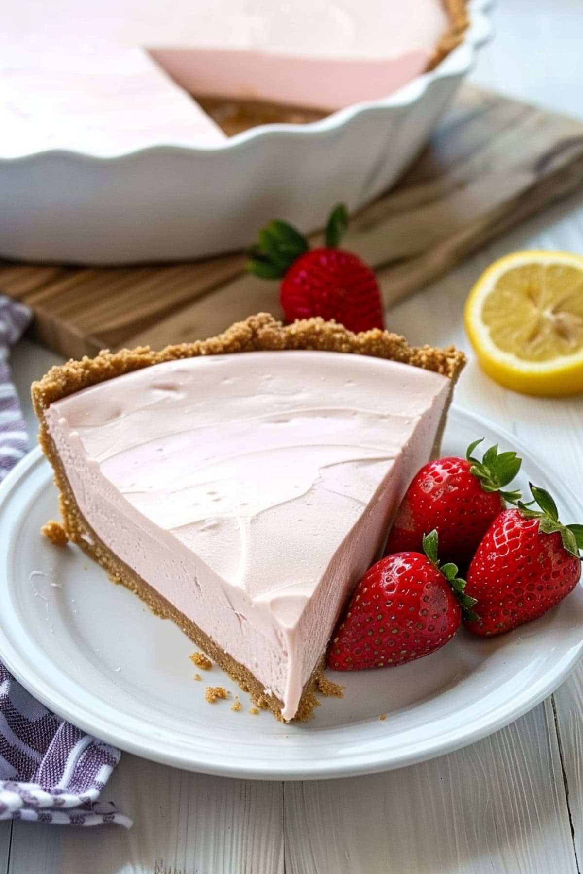 Slice of creamy frozen strawberry lemonade pie on a white plate garnished with fresh strawberries.