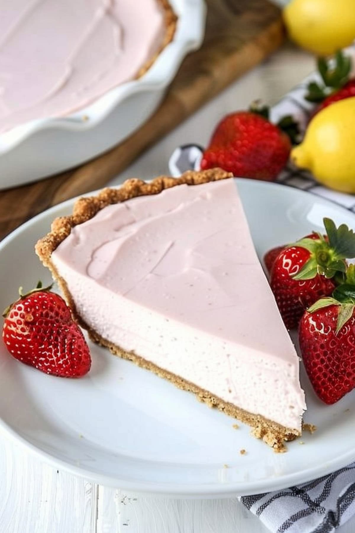 Slice of strawberry lemonade pie served on a white plate with fresh strawberries.
