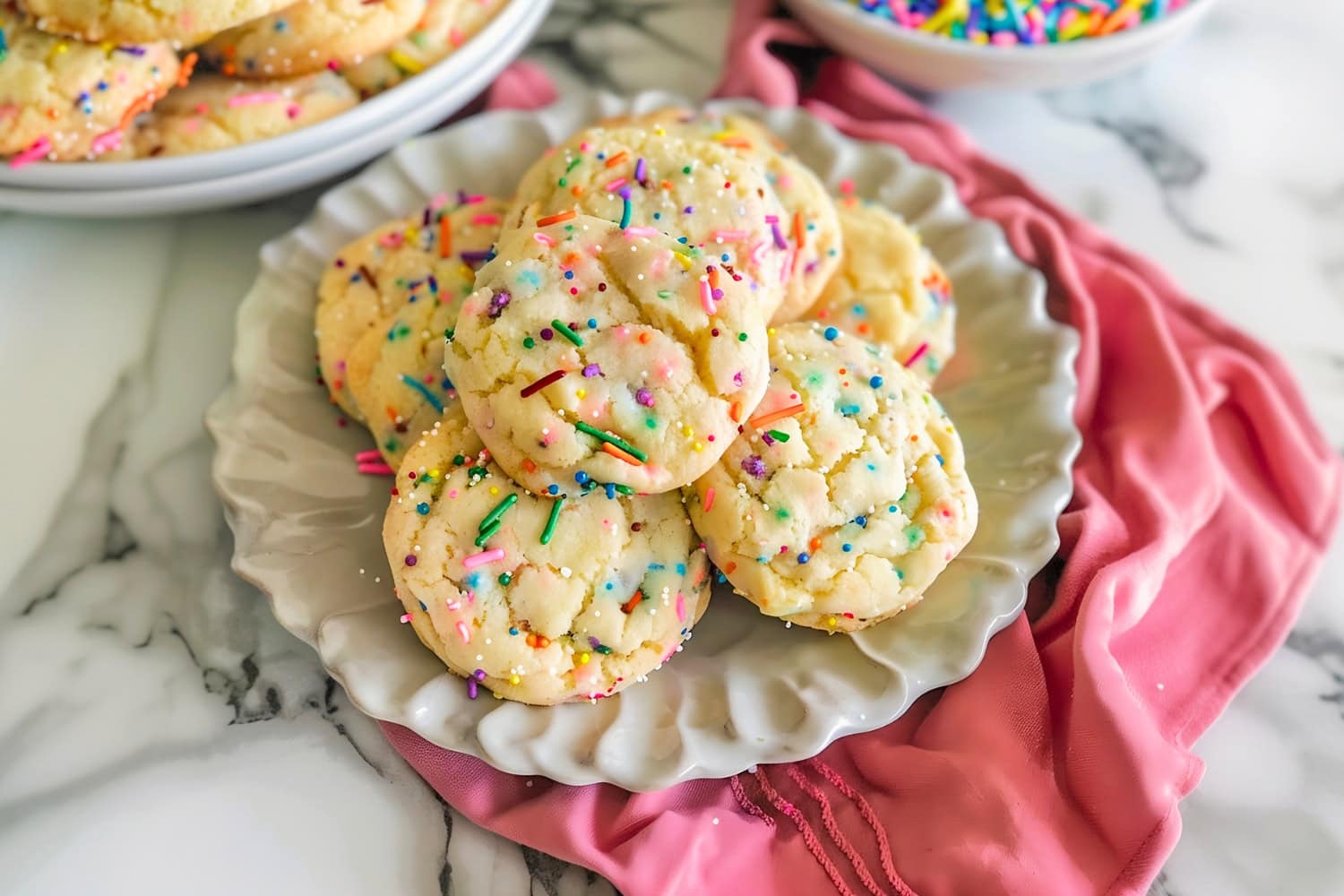 Quick and easy cake mix cookies in a white plate loaded with sprinkles.
