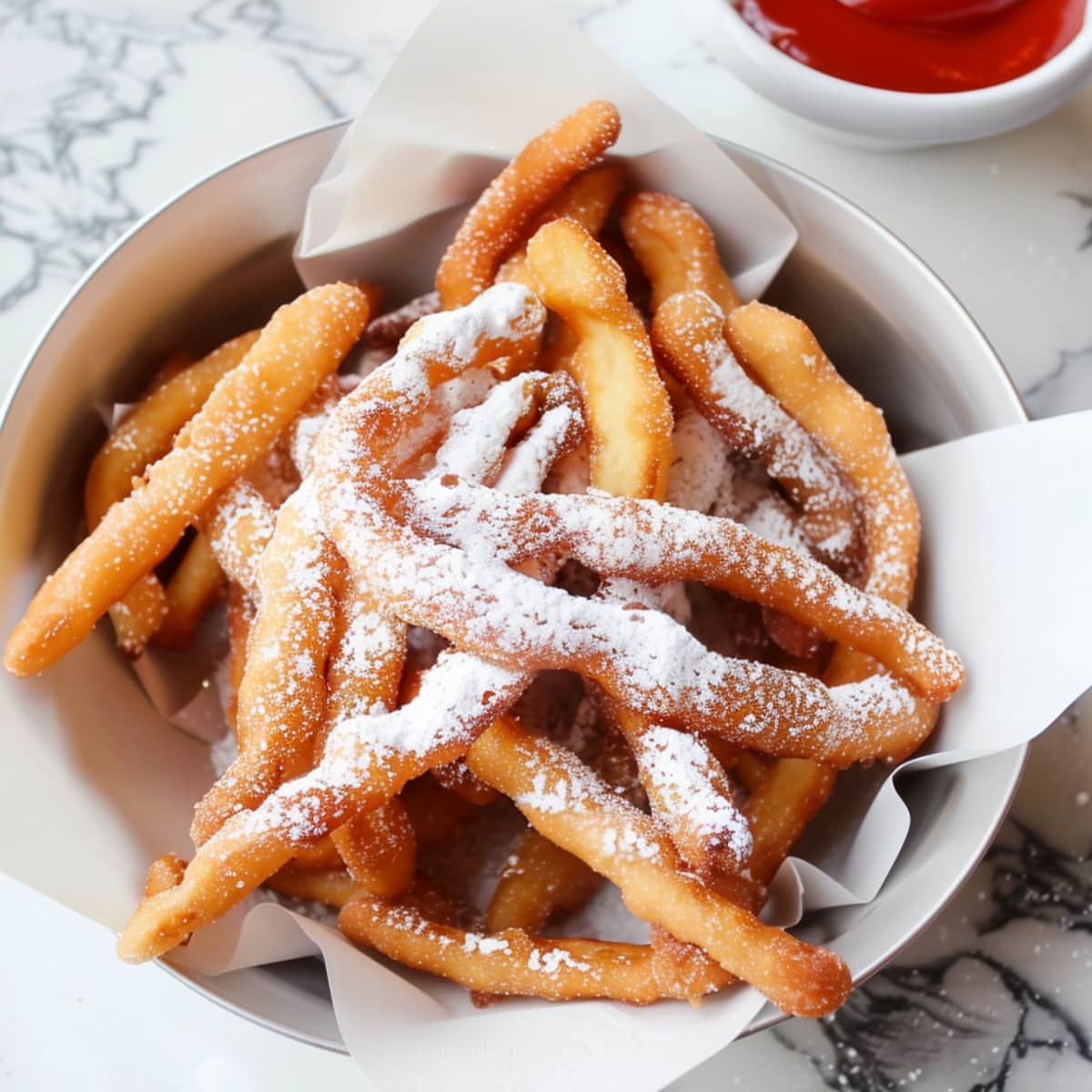 Comforting funnel cake fries served with ketchup, a delightful twist on the classic treat that's sure to satisfy your sweet tooth