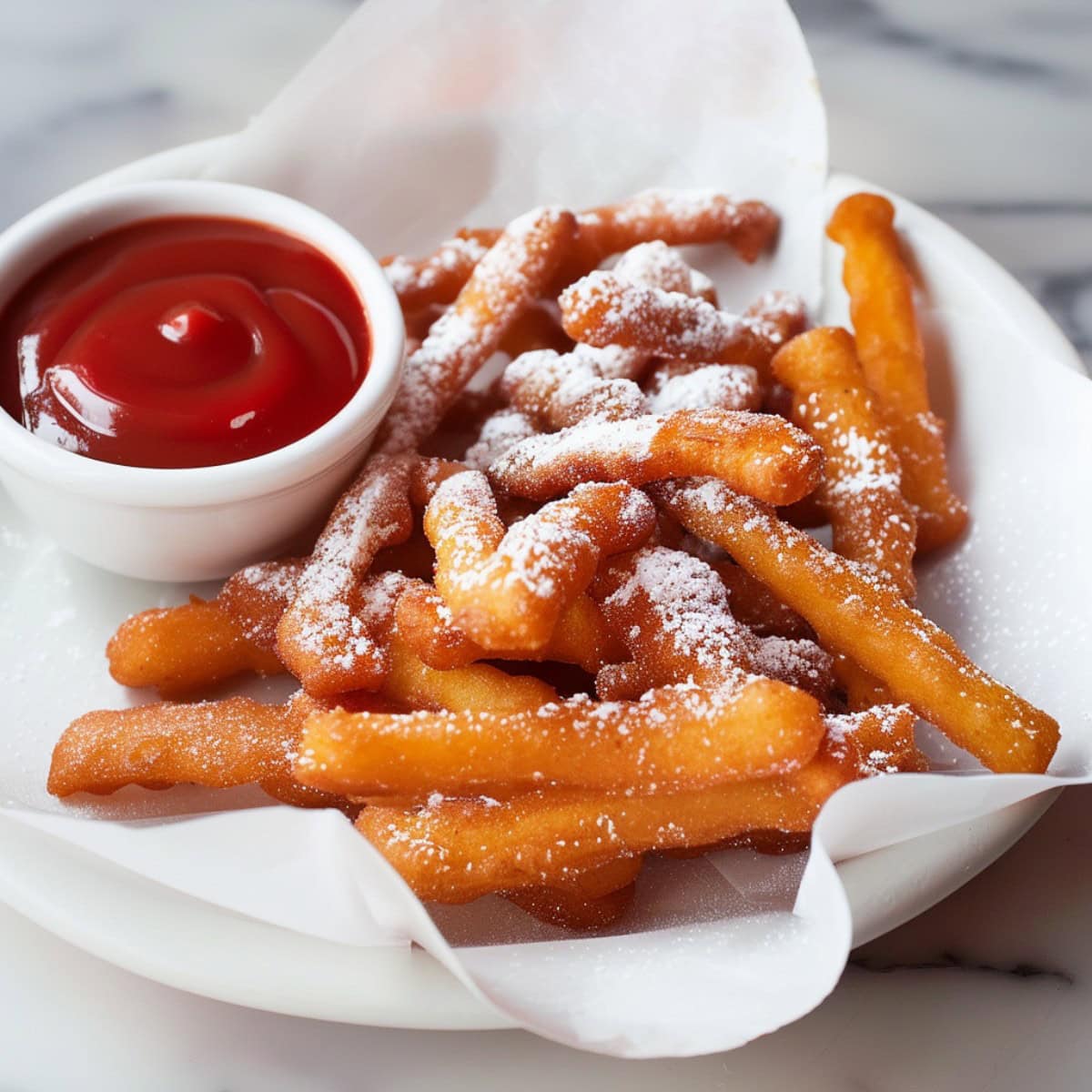 Crispy funnel cake fries, golden-brown and dusted with powdered sugar for a sweet treat