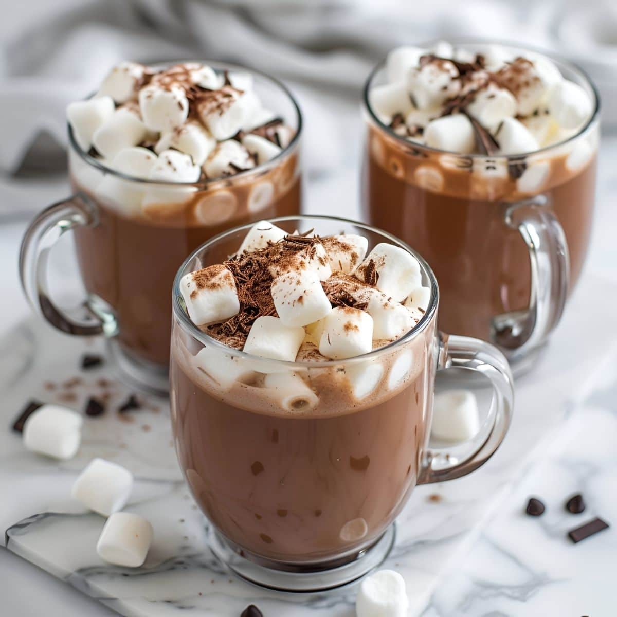 Three Glass Mugs Ghiradelli Hot Chocolate with Marshmallows and Chocolate Shavings on a White Marble Table