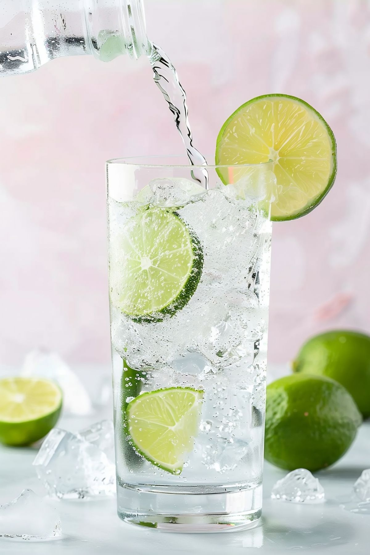 Cold, Sparkling, and Refreshing Gin and Tonic in a Tall Glass with Lime Wheels and Whole Limes in the Background