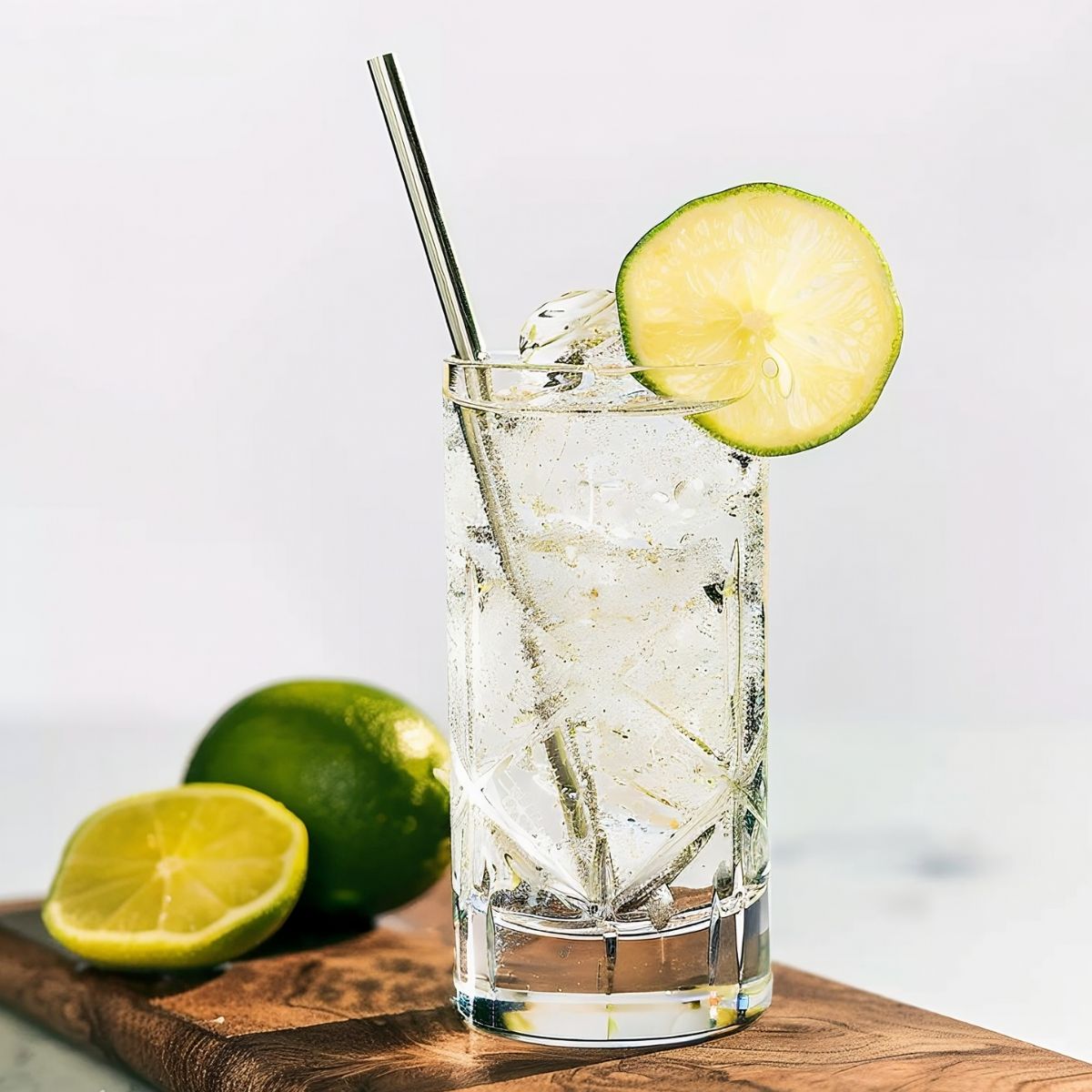 Glass of Sparkling, Refreshing Gin and Tonic with a Lime Wedge on a Wooden Cutting Board with Limes