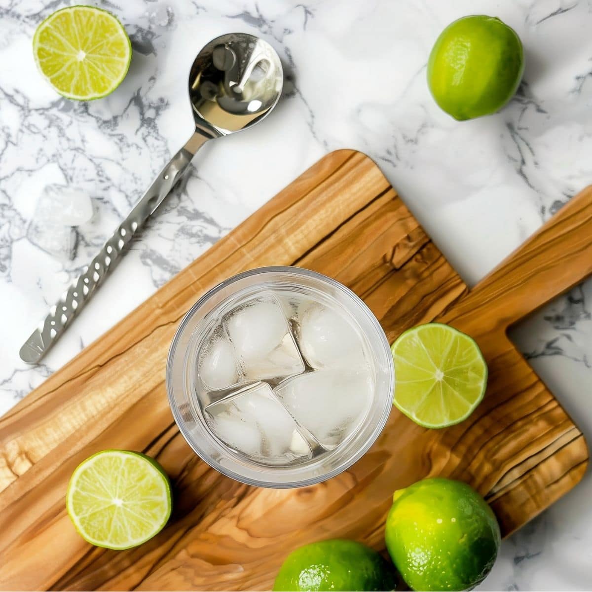 Top View of Gin and Tonic in a Glass with Ice on a Wooden Cutting Board on a White Marble Table with Whole and Halved Limes and a Silver Stirring Spoon