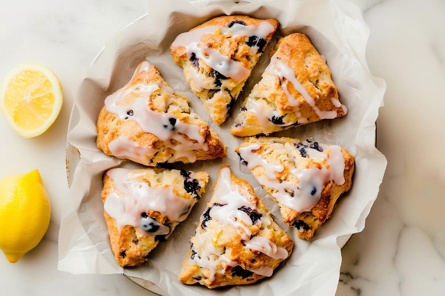 Moist and flavorful Lemon Blueberry Scones with glaze, overhead view.