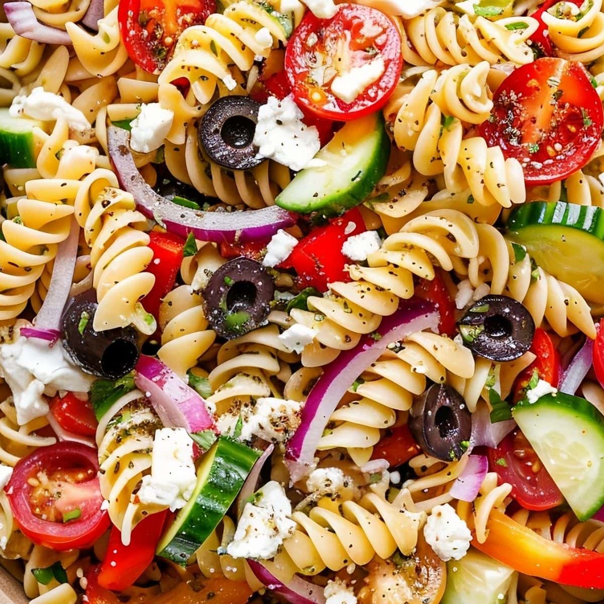 Super Close up of Greek Pasta Salad with Black Olives, Tomatoes, Cucumbers, Red Onion, Feta, and Rotini Pasta with Herbs and Seasonings