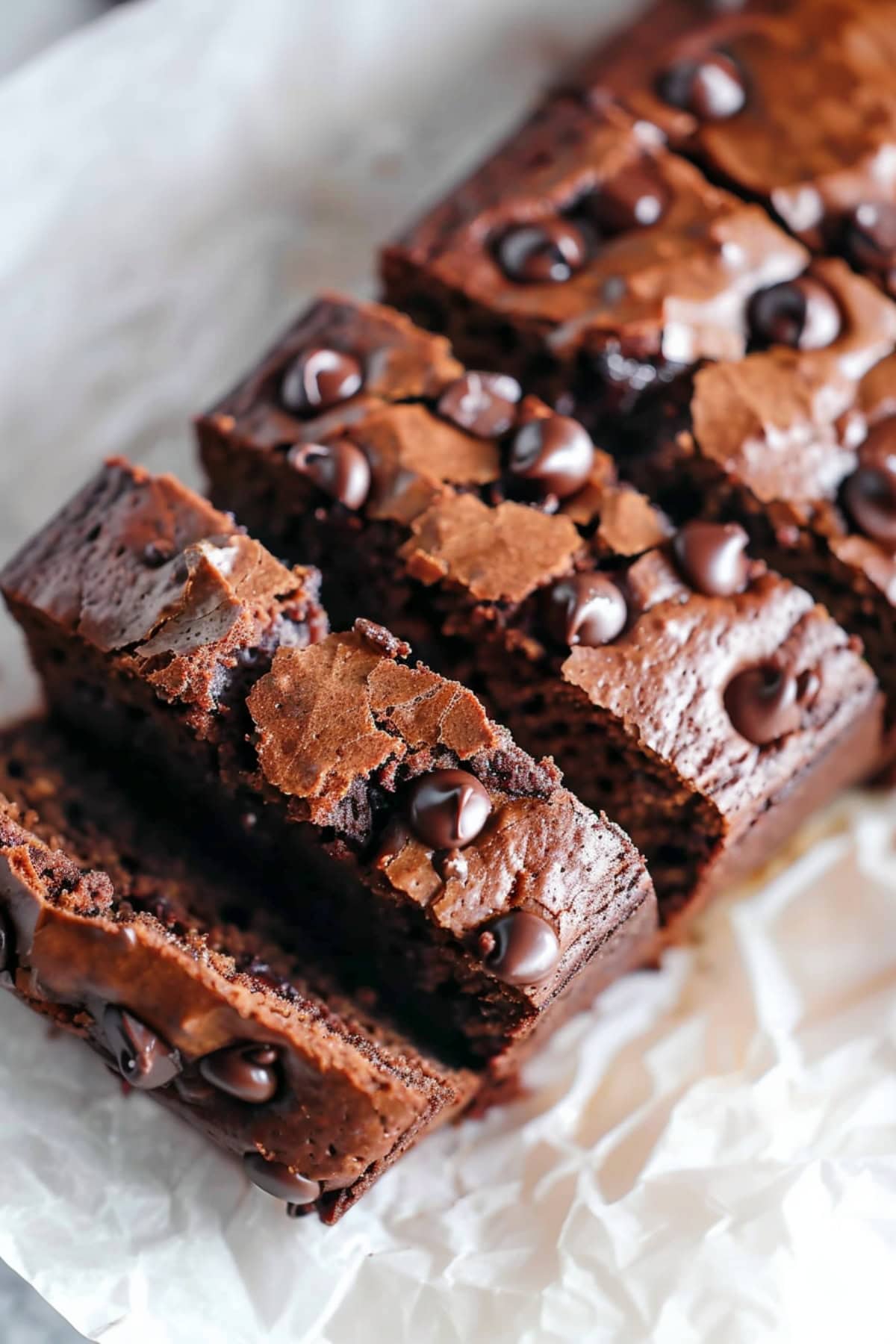 Rich and fudgy homemade brownie bread in a white parchment paper