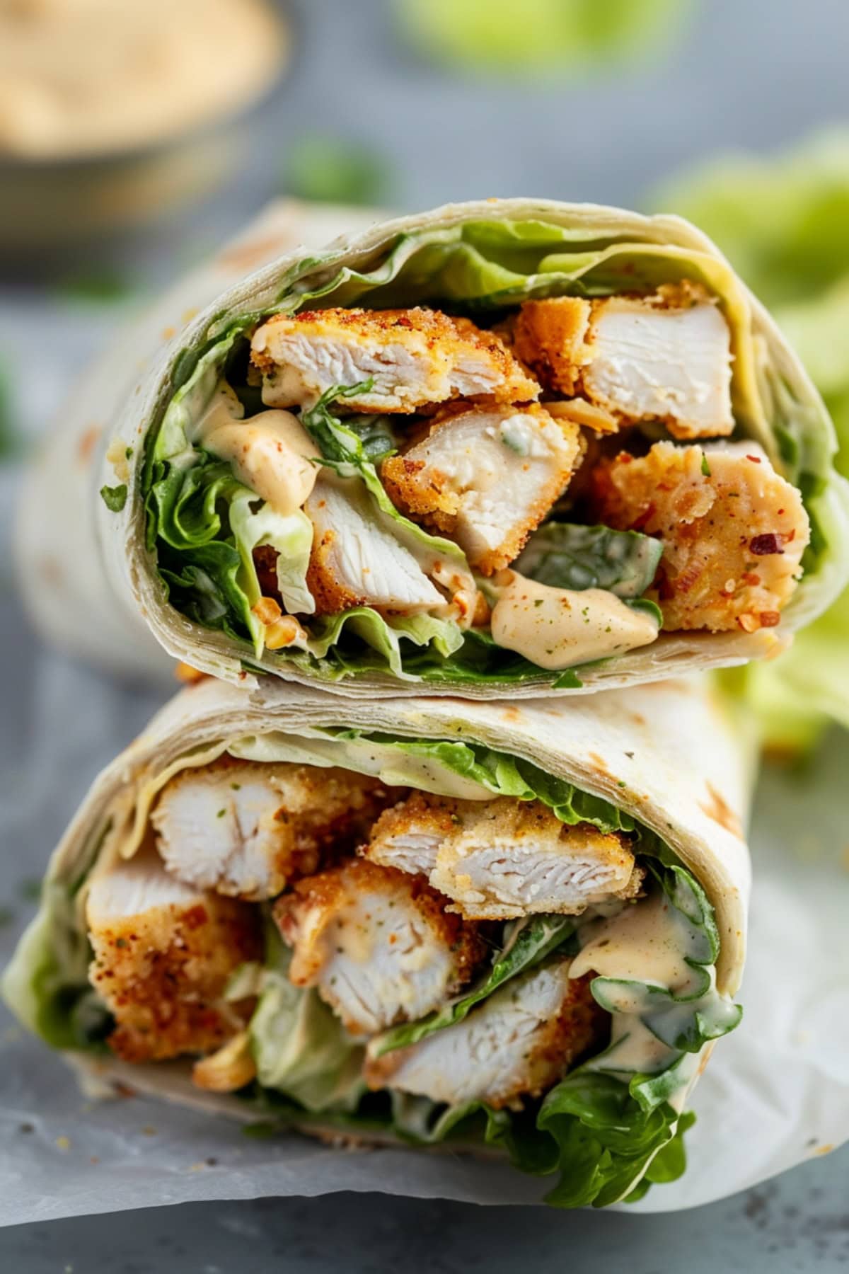 Homemade chicken Caesar wrap with romaine lettuce and mayonnaise.