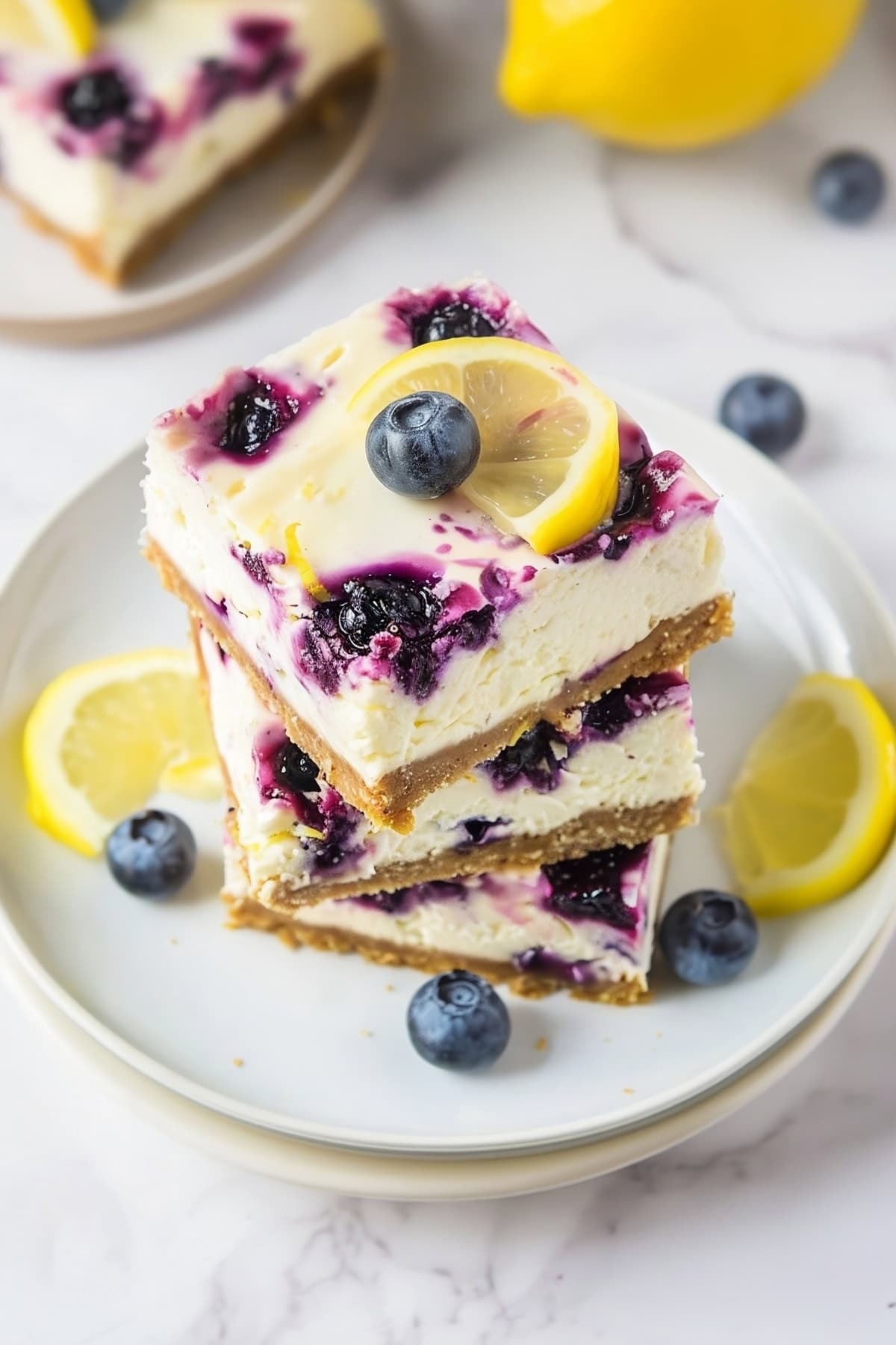 A stack of lemon blueberry cheesecake bars on a white plate, showing the creamy layers.