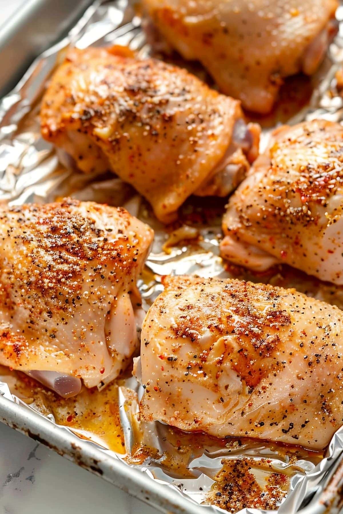 Semi Close Up Top View of Raw, Seasoned Chicken Thighs on a Baking Tray Before the Oven