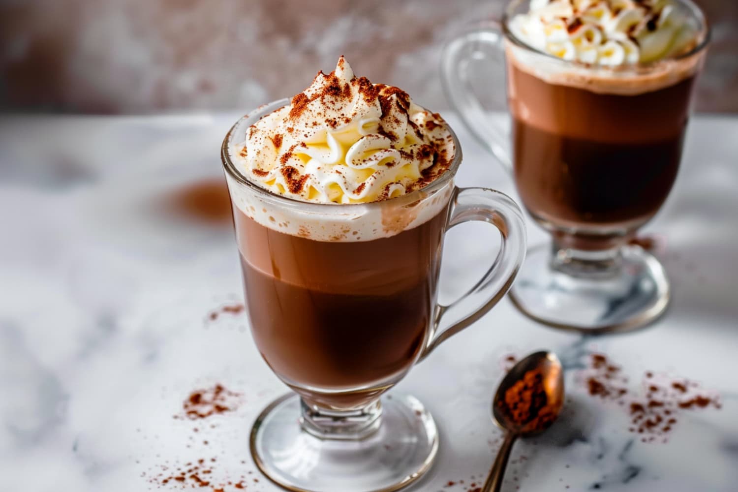 Irresistible Kahlua hot chocolate topped with a mountain of whipped cream and cocoa powder