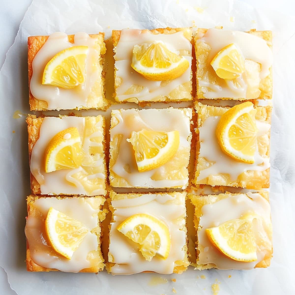 Citrusy homemade lemon blondies with lemon glazed, overhead view