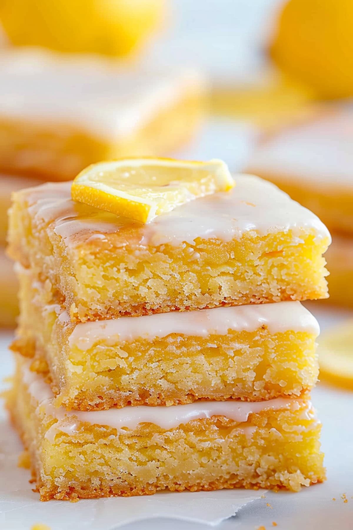 Homemade lemon blondies stacked on top of each other on a white marble table