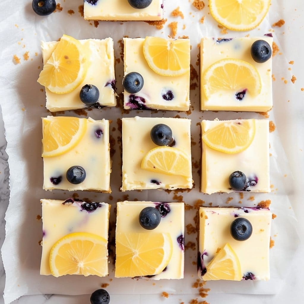 A lemon blueberry cheesecake bars on a white parchment paper, overhead view