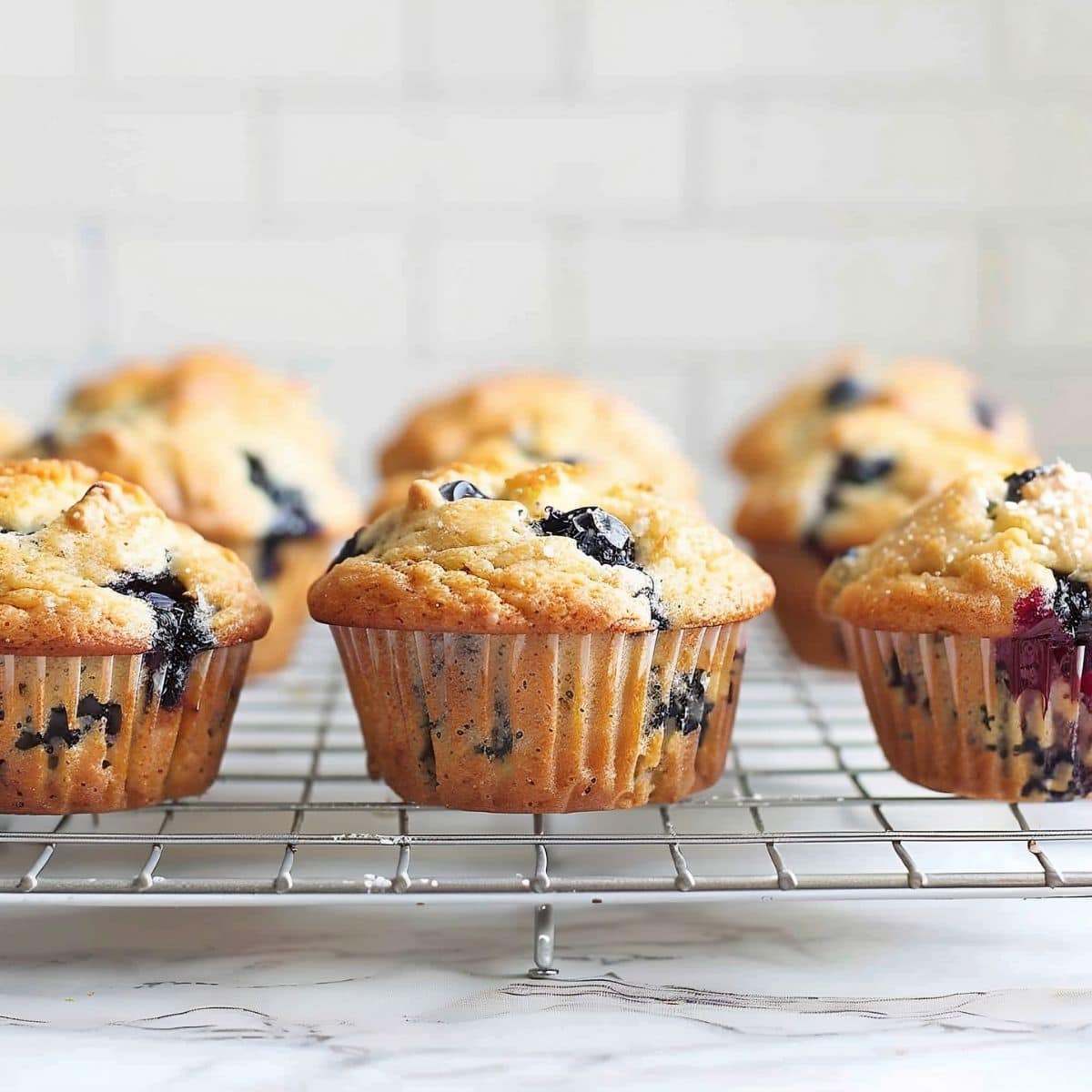 Side View of Lemon Blueberry Muffins Cooling on a Wire Rack 