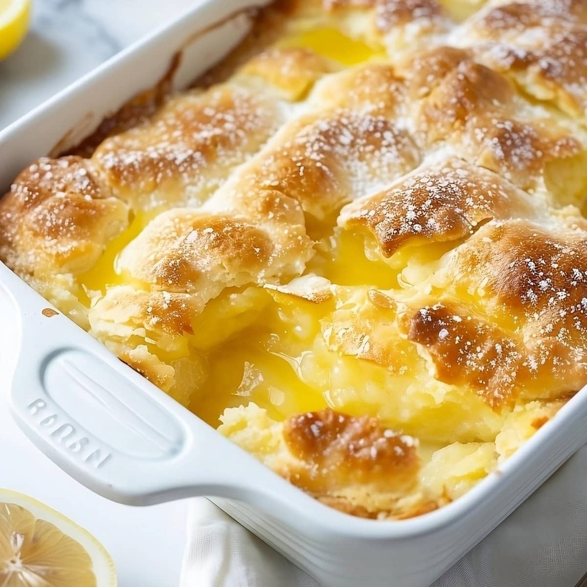 Lemon cobbler in a white baking dish.