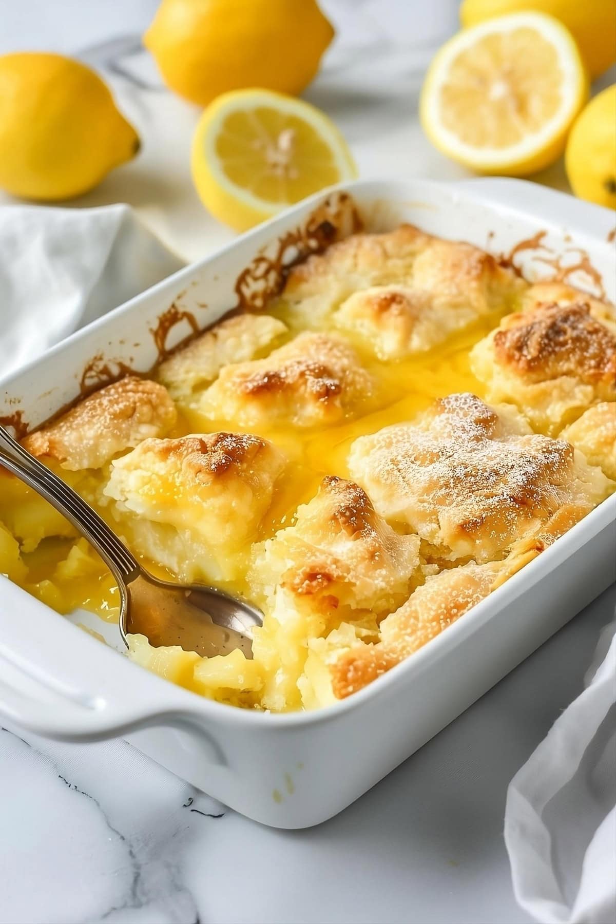 White baking dish with lemon cobbler.